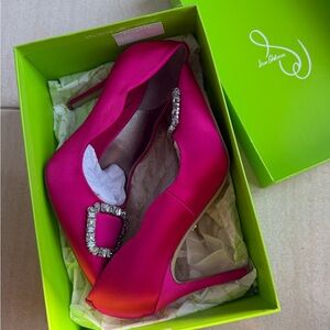 Sam Edelman Harriet Fuchsia Satin Heels with Rhinestone Buckle